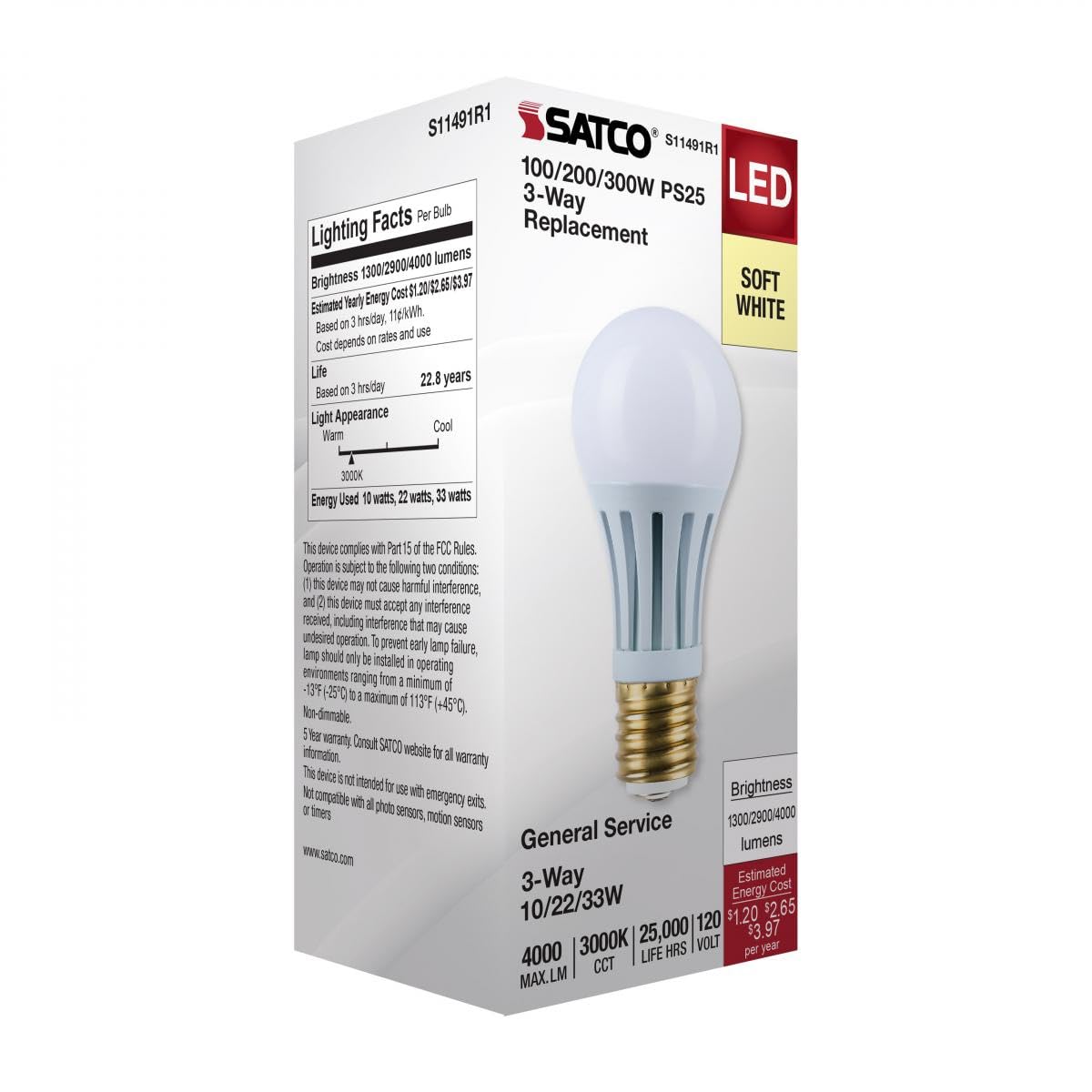 Satco LED Three-Way Lamp, 10/22/33W, Mogul Base, 3000K, White Finish (1)