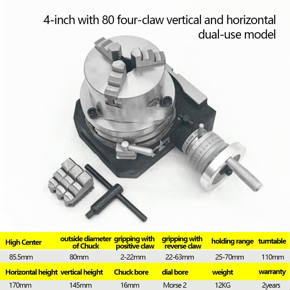 KACOME 4/6 inch 3-jaw Chuck milling Machine Indexing Head Rotary Table Universal Indexing Dials Rotary Vertical Horizontal(4 (80mm Four-jaw))