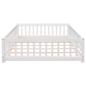 UOCFYK Full Size Floor Bed with Fence and Door for Kids Bedroom,Montessori Wood Floor Bedframe for Boys, Girls,Easy to Assemble,No Box Spring Needed,White