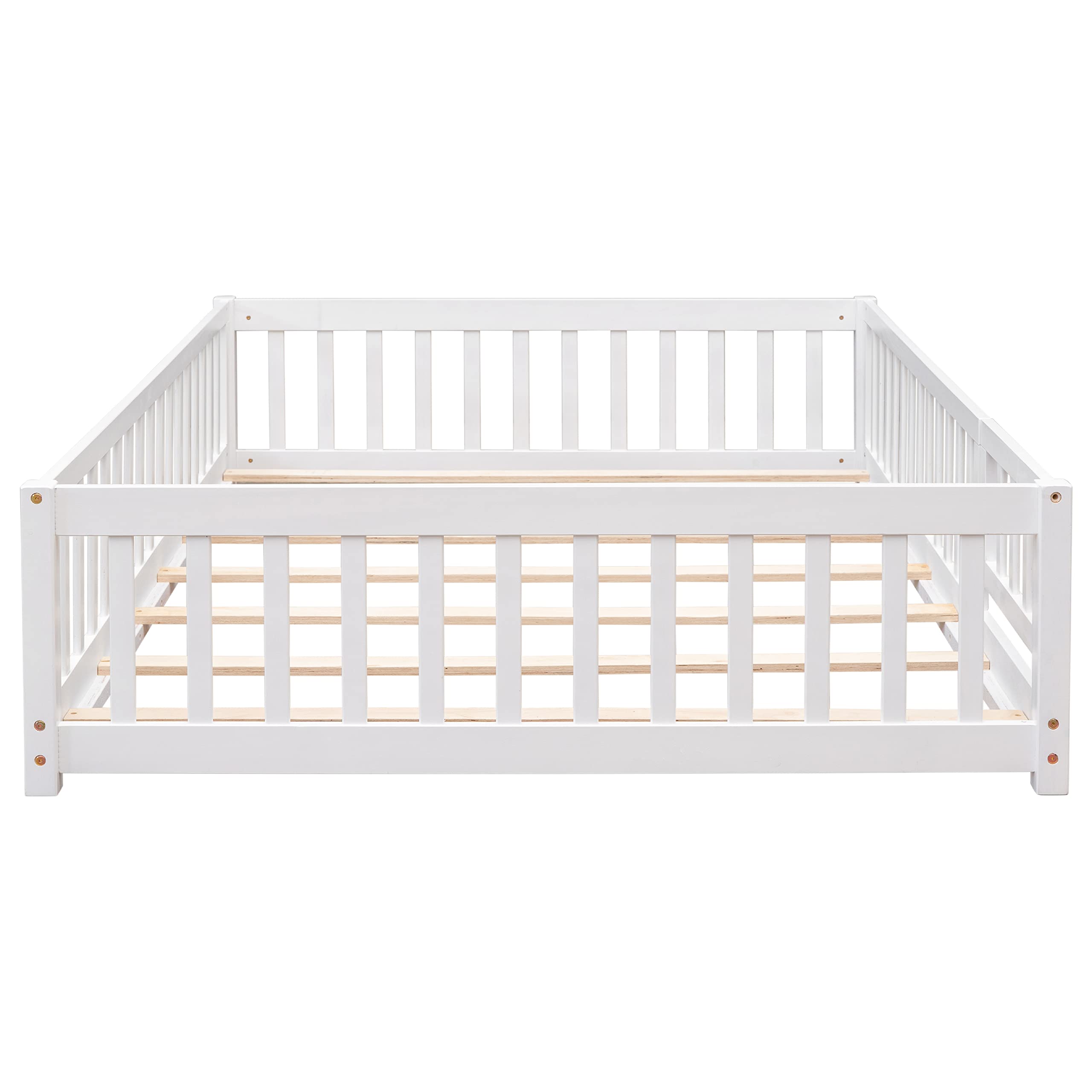 UOCFYK Full Size Floor Bed with Fence and Door for Kids Bedroom,Montessori Wood Floor Bedframe for Boys, Girls,Easy to Assemble,No Box Spring Needed,White