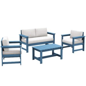 SERWALL 4 Pieces HDPE Outdoor Conversation Sofa Set with Cushions, Blue Frame and Khaki Cushion