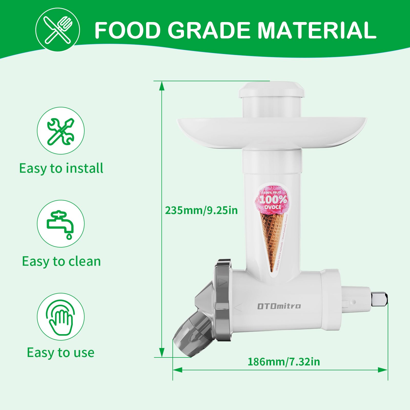 OTOmitra Frozen Fruit Soft Serve Maker for KitchenAid Stand Mixer, Dairy-Free Fruit Desserts Maker, Frozen Yogurt Maker, Dishwasher-Safe Sorbet Maker, Natural Ice Cream Maker Attachment