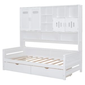 Merax Twin Size Wooden Daybed with 2 Drawers & Bookcase Headboard, and All-in-One Storage Cabinet and Shelf, White