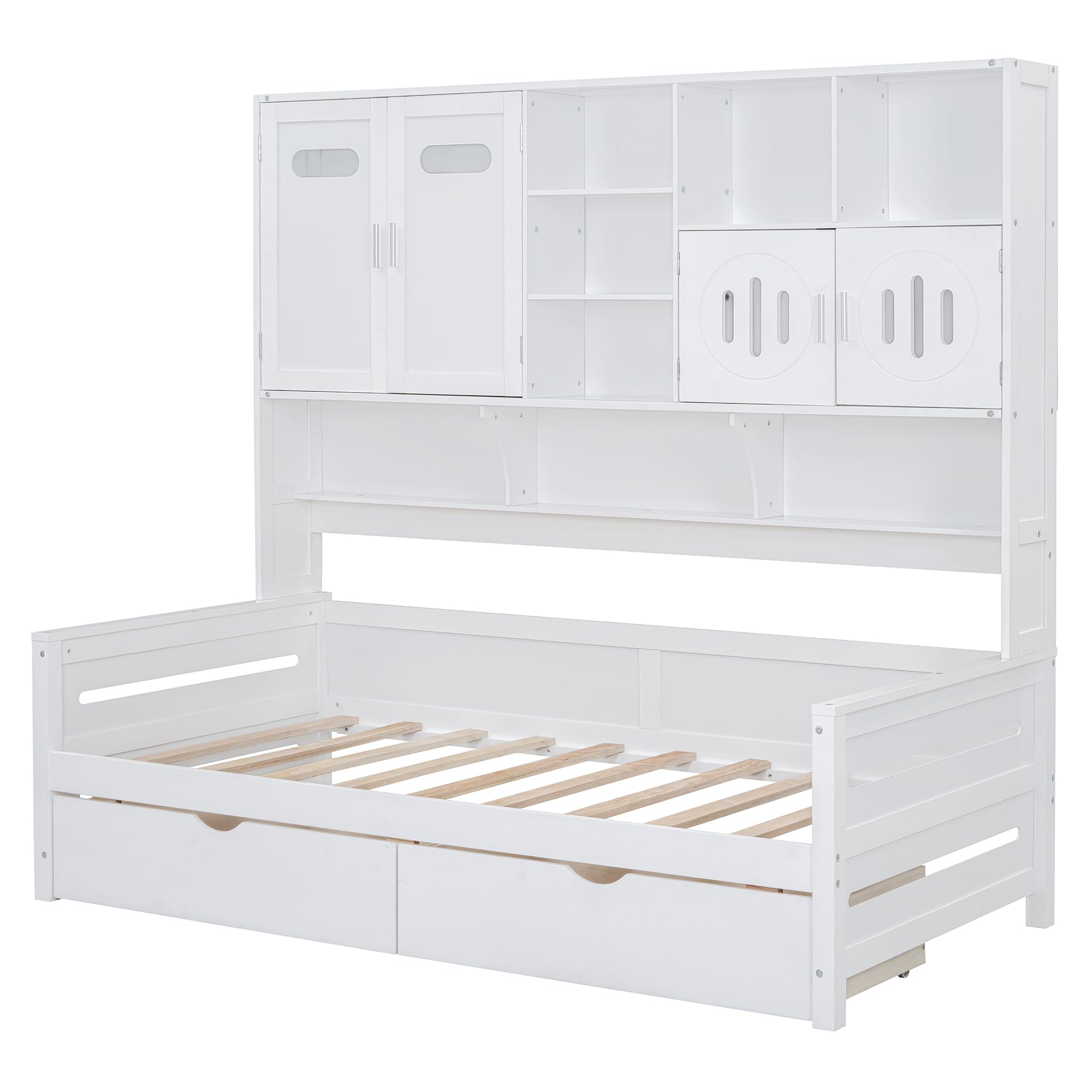 Merax Twin Size Wooden Daybed with 2 Drawers & Bookcase Headboard, and All-in-One Storage Cabinet and Shelf, White