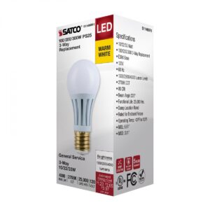 Satco LED Three-Way Lamp, 10/22/33W, Mogul Base, 2700K, White Finish (1)