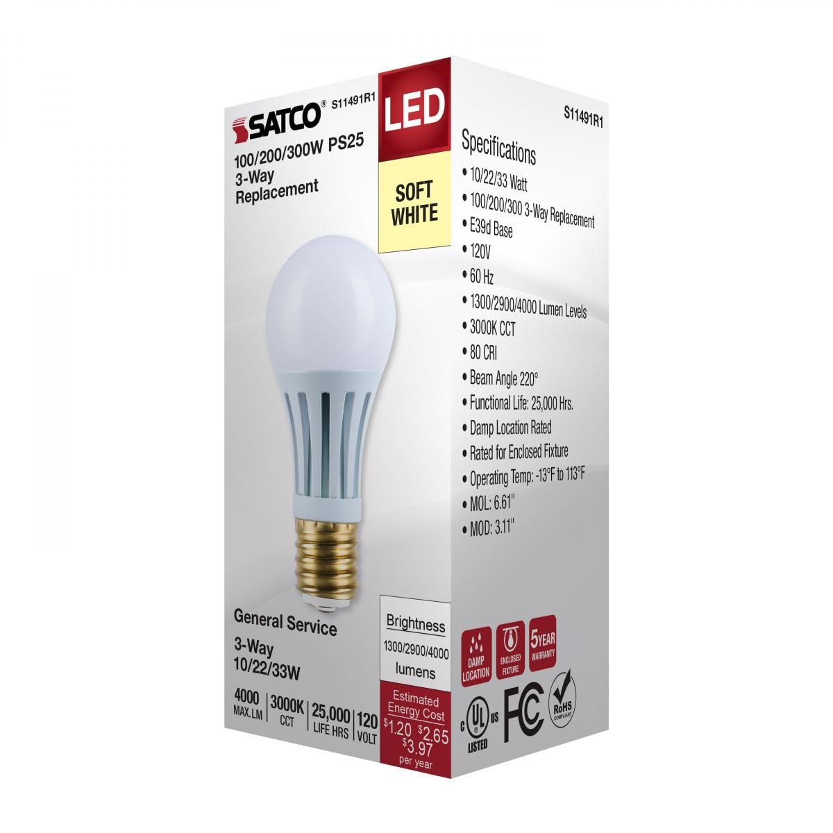 Satco LED Three-Way Lamp, 10/22/33W, Mogul Base, 3000K, White Finish (1)