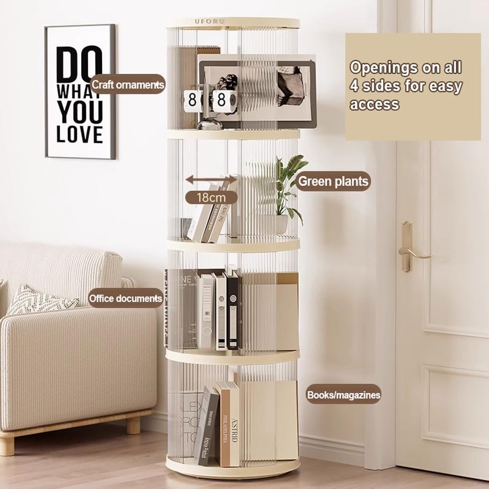 Aeovot Clear Round Rotating Bookshelf, 4 Tier Spinning Bookshelf Swivel Bookcase Tower for Kids Bedroom, Freestanding Modern White Corner Bookshelf Storage Display Rack