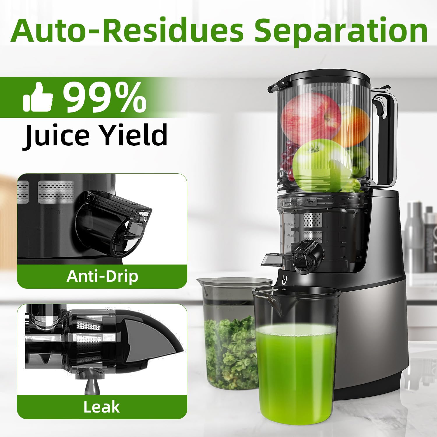 Cold Press Juicer Machines, 350W Masticating Juicer with 5.8" Inch Large Feed Chute for Whole Fruits and Vegetables, Slow Juices Extractor Easy to Clean