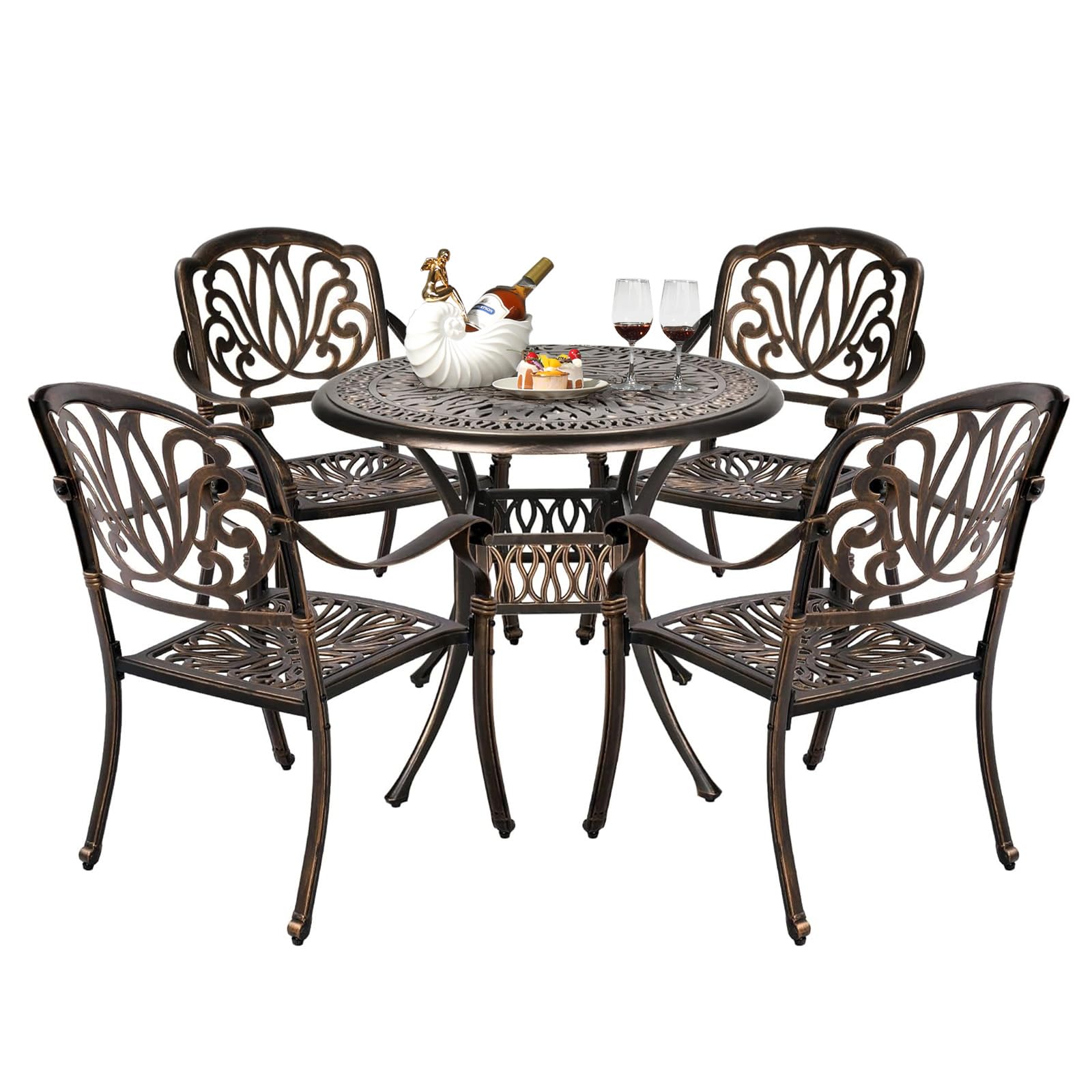 VINGLI 5 Pieces Outdoor Patio Dining Set, Cast Aluminium Patio Furniture Set with 4 Chairs and 1 Umbrella Table for Yard, Garden, Porch and Poolside, Bronze (Round Table and Chairs)