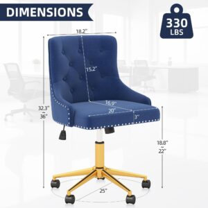 Westice Home Office Desk Chairs, Upholstered Velvet Swivel Desk Chair with Tufted Back, Gold Metal Base & Wheels, Height Adjustable Vanity Makeup Chair for Bedroom Living Room, Blue