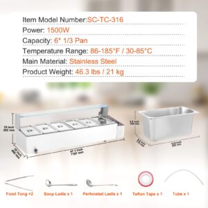 VEVOR 6-Pan Commercial Food Warmer, 6 x 8QT Electric Steam Table with Glass Cover, 1500W Countertop Stainless Steel Buffet Bain Marie 86-185°F Temp Control for Catering, Restaurants, Silver