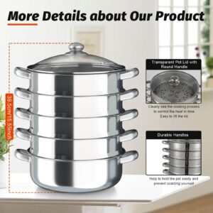 5-Tier Steamer Pot for Cooking 11.8in/30cm Steamer Pot,Stainless Steel Steam Pot Cookware with Glass Lid for Dumpling, Stock, Sauce, Food (Silver, 12 in)