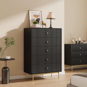 MAISONARIA 5 Drawer Dresser for Bedroom, Tall Dresser Chest of Drawers with Gold Handles, Wood Dresser Storage Cabinet for Bedroom, Black