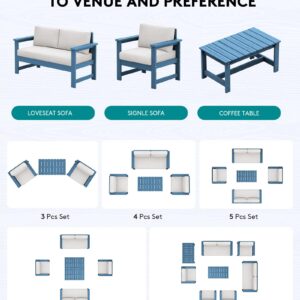 SERWALL 4 Pieces HDPE Outdoor Conversation Sofa Set with Cushions, Blue Frame and Khaki Cushion