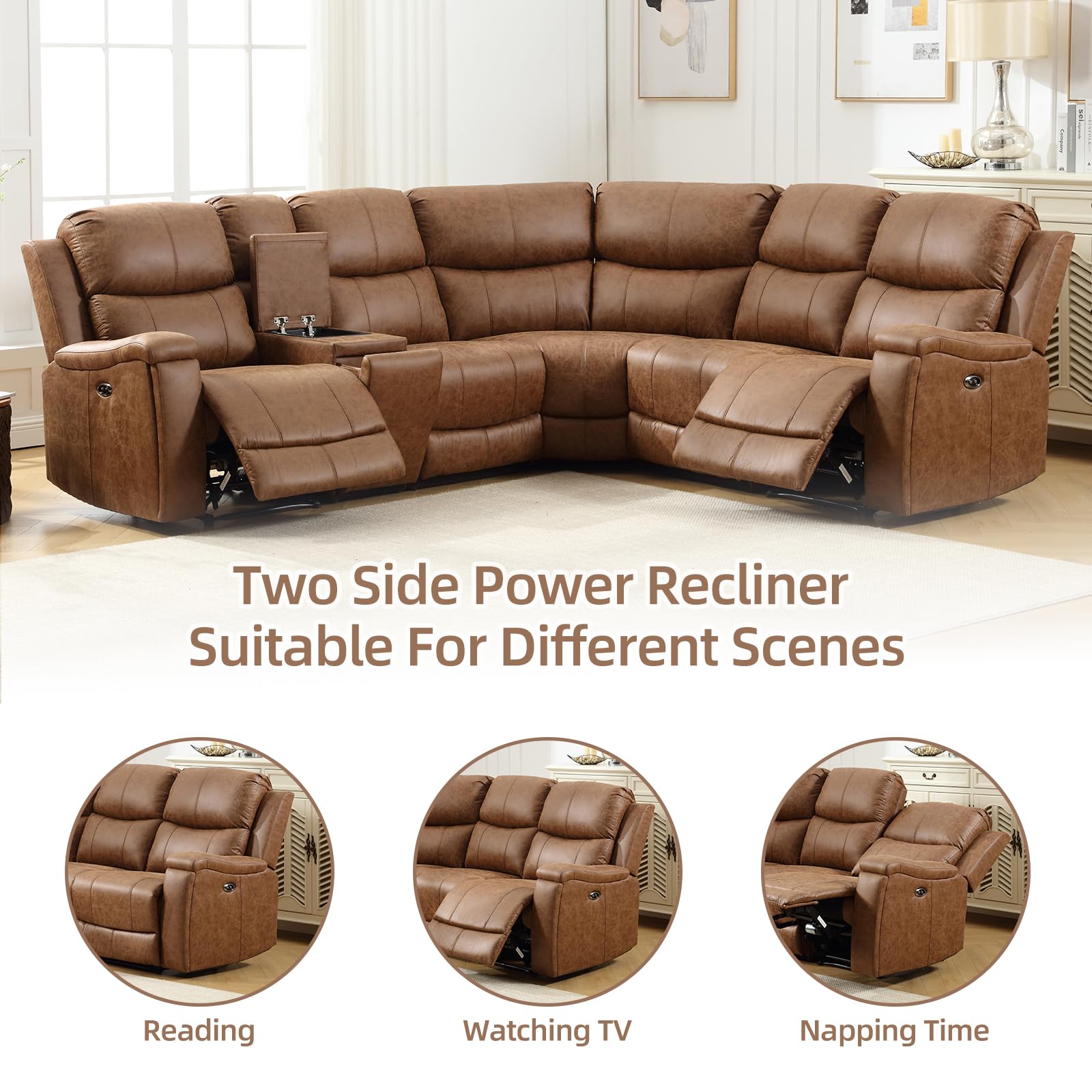 EBELLO Faux Leather Power Reclining Sectional Couches for Living Room, Recliner Sofa Set Corner Sectional Couch Home Furniture Set, with Storage Console and Hidden Cup Holders, USB Port, Brown