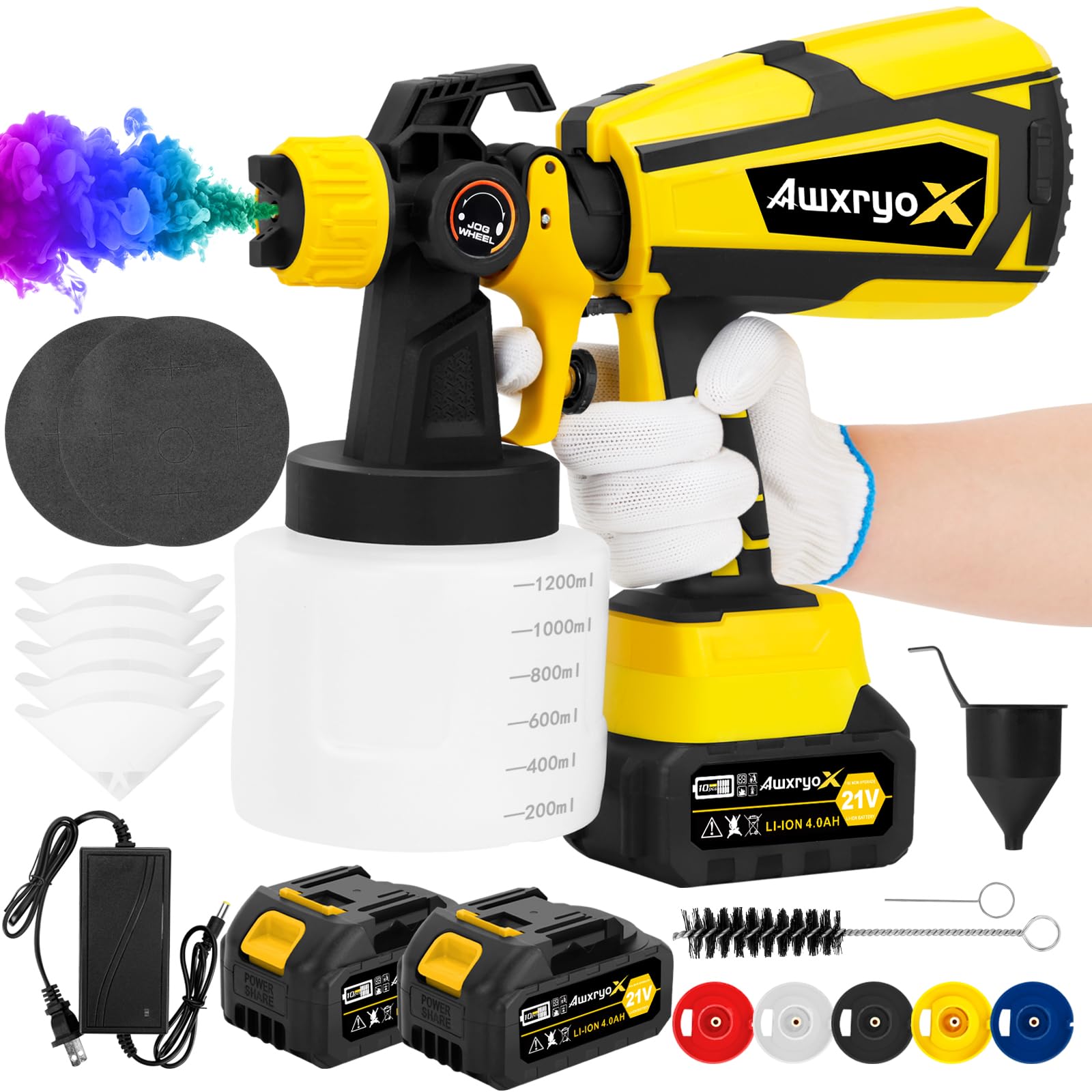 AwxryoX Upgrades Battery Paint Sprayer Cordless, Brushless Paint Gun with 2 x 4.0Ah Battery & 1200ml High Capacity 6 Nozzles, HVLP High Pressure Paint Gun for Furniture Cabinets Fence Wall Door Chairs