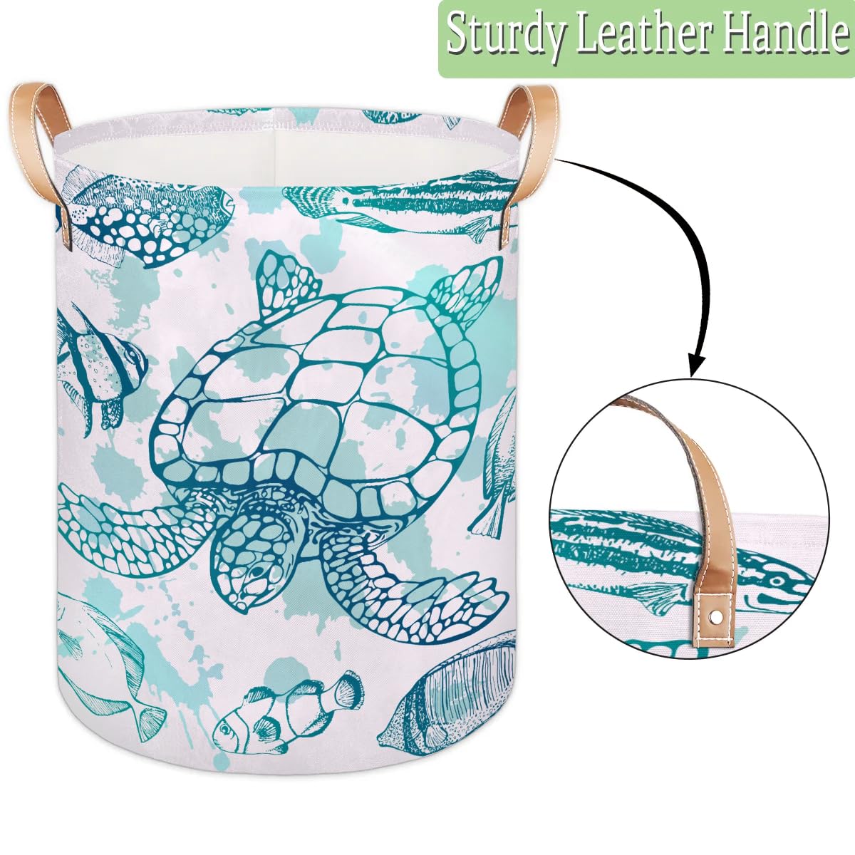 Large Laundry Hamper Basket Sea Turtle Ocean Theme Round Collapsible Storage Organizer Bin for Kids, Boys, Nursery, Closet, Bedroom, Playroom, Toys, Dirty Clothes, 16"W x 20"H