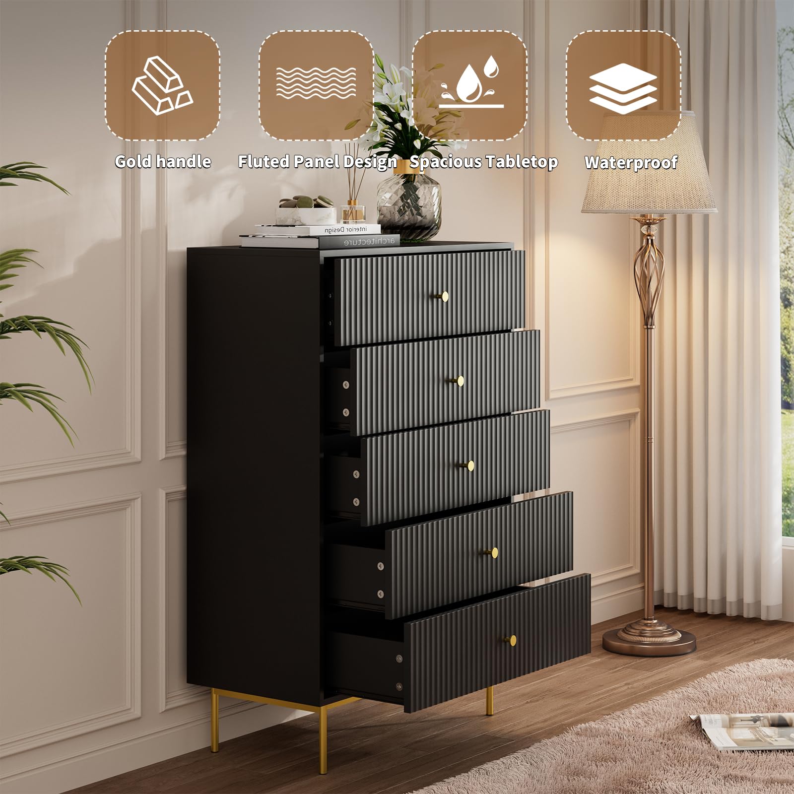 MAISONARIA 5 Drawer Dresser for Bedroom, Tall Dresser Chest of Drawers with Gold Handles, Wood Dresser Storage Cabinet for Bedroom, Black