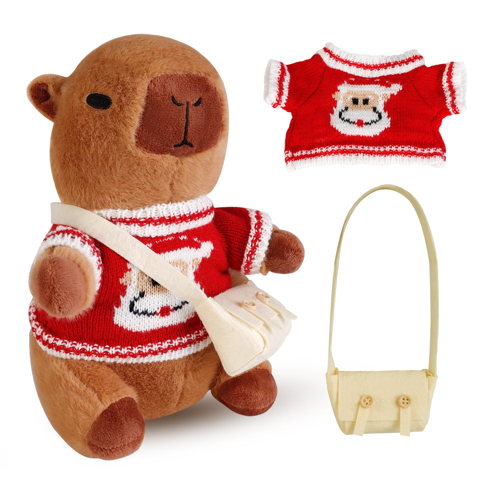 Capybara Plush,with Clothes & Accessories Capybara Christmas Style Dress Up,Christmas Plush, Christmas Set Capybara Backpack Decoratio, Capybara Stuffed Animal Birthday Gifts for Boys and Girls