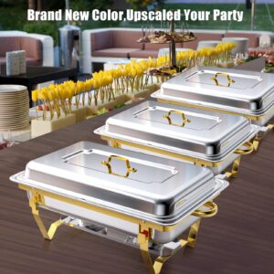 Jwevvie Chafing Dishes for Buffet 4 Pack, 8QT Gold Stainless Steel Half Size Chafing Dish Buffet Set, Chafers and Buffet Warmers Sets for Birthday, Wedding, Rolled-Edge Design