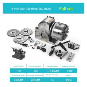 KACOME 6-inch Universal indexing Rotary Table 125 Three-jaw Chuck milling Machine indexing Head Vertical and Horizontal Indexers(6 inch)