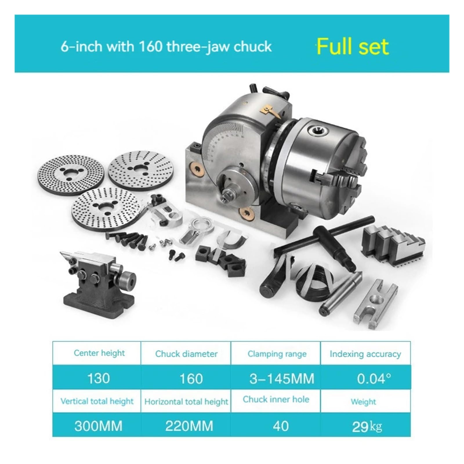 KACOME 6-inch Universal indexing Rotary Table 125 Three-jaw Chuck milling Machine indexing Head Vertical and Horizontal Indexers(6 inch)