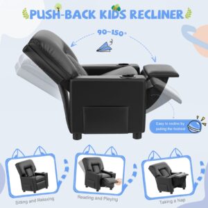 FURNIMAT Kids Recliner Chair, Leather Push Back Kids Reclining Chair with Cup Holders & Side Pockets, Safety Adjustable Footrest Toddler Recliner for Age 3+, Kid Recliners for Girls Boys, Black