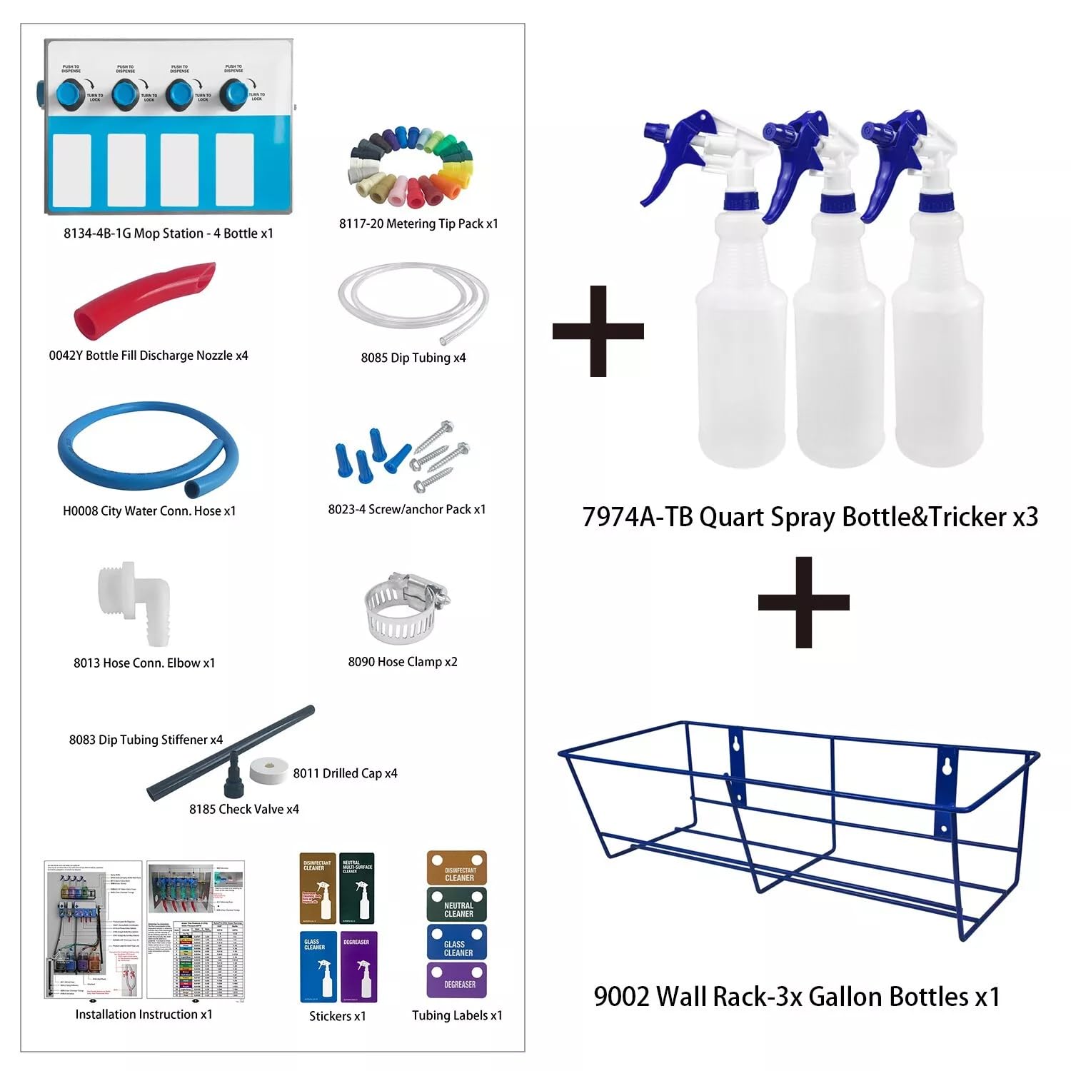 4-Products Spray Bottle, Chemical Proportioner with Wall Rack, Cleaning Chemical Dilution Dispensing Proportioner for Application in Hotel, School, Store, Restaurant, Hospital, 8134-4B-9002