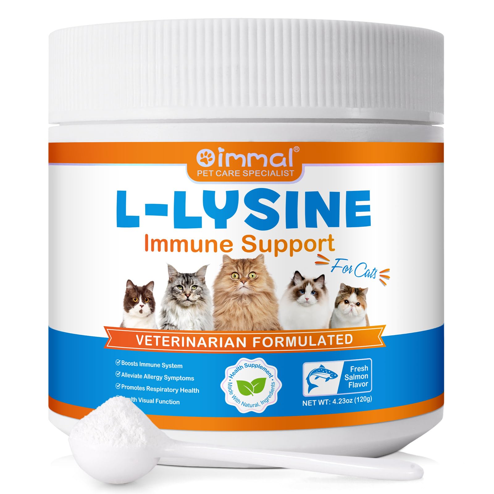 L-Lysine Powder for Cats, Lysine Supplement for Cats, Support Immune System, Respiratory Health & Visual Function and Allergy Relief, Pets Health Supplies Multivitamins, Salmon Flavor - 4.23 oz / 120g