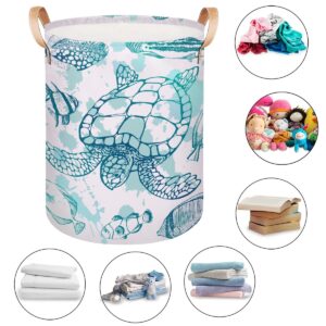 Large Laundry Hamper Basket Sea Turtle Ocean Theme Round Collapsible Storage Organizer Bin for Kids, Boys, Nursery, Closet, Bedroom, Playroom, Toys, Dirty Clothes, 16"W x 20"H