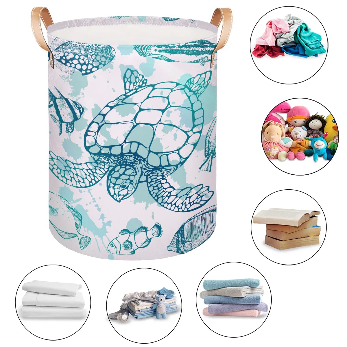 Large Laundry Hamper Basket Sea Turtle Ocean Theme Round Collapsible Storage Organizer Bin for Kids, Boys, Nursery, Closet, Bedroom, Playroom, Toys, Dirty Clothes, 16"W x 20"H