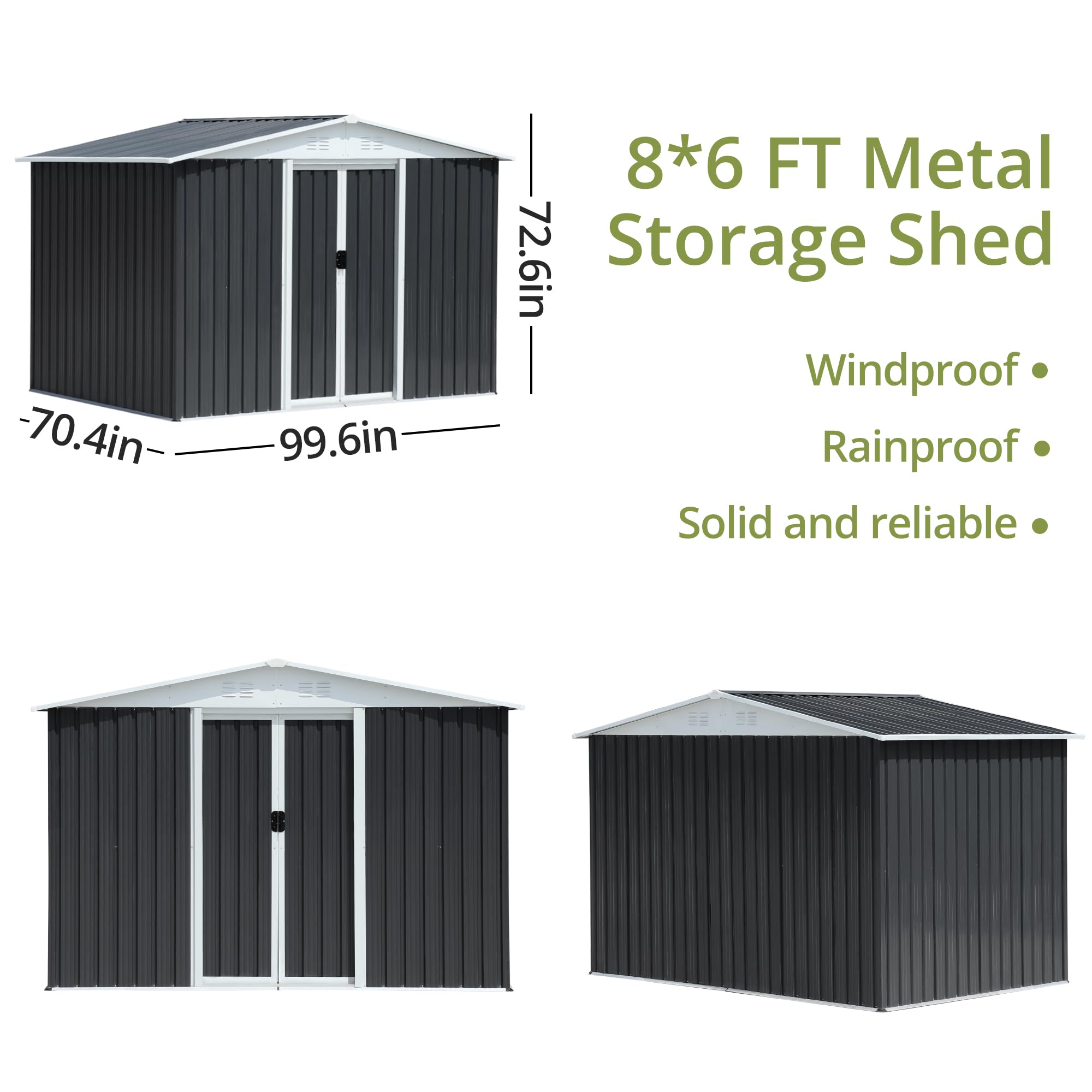 8x6 FT Outdoor Storage Shed, Metal Tool Sheds with Lockable Sliding Door & Air Vent, Garden Shed for Backyard Garden Patio Lawn, Dark Grey