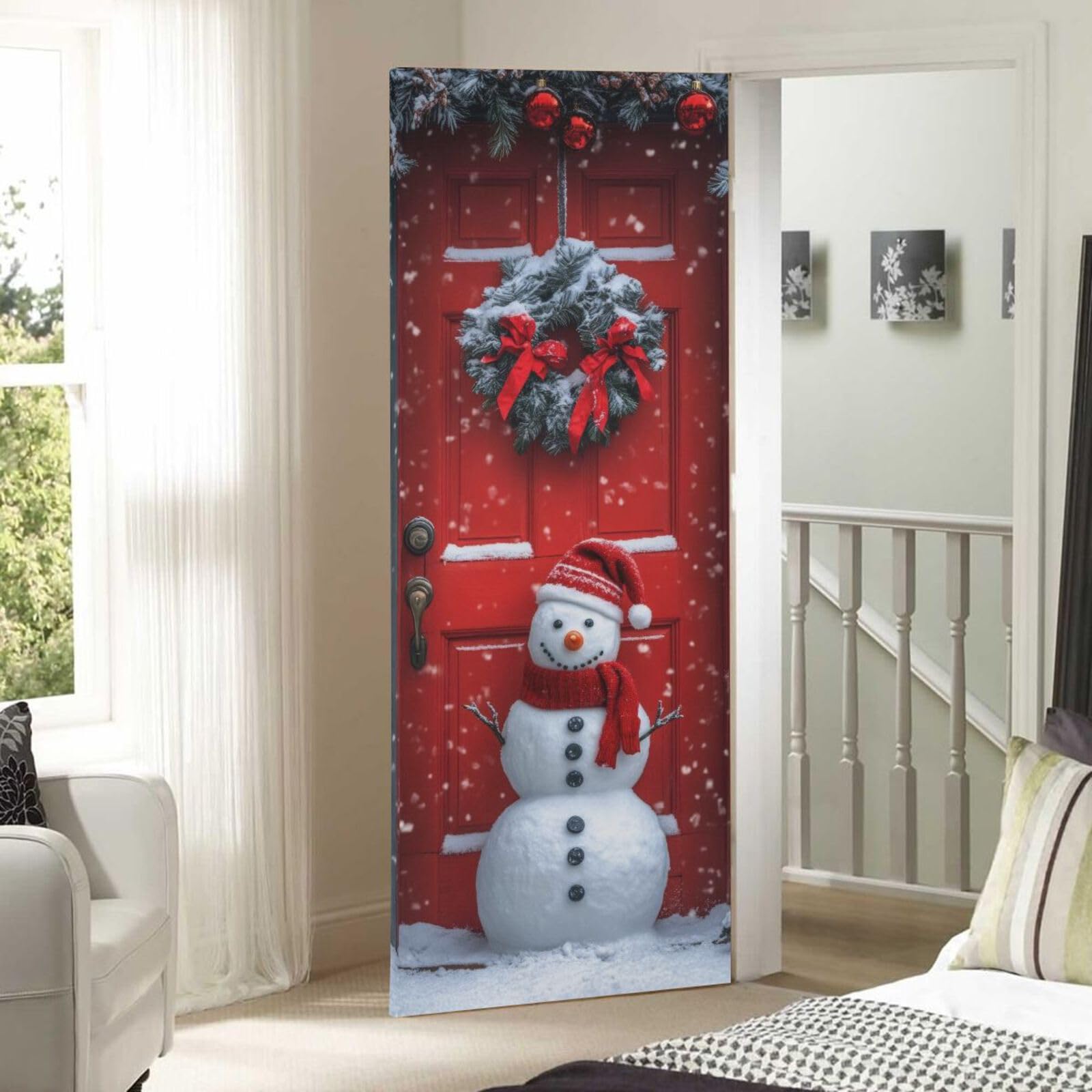 Burbuja Christmas Snowman Door Door Cover, Stretch Fabric Backdrop Door Porch Covers for Home Party Holidays Decoration, 35x79 In