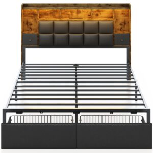 TIGUBFRE LED Bed Frame Queen Size with 2 Hidden Storage Drawers & Bookcase, PU Leather Headboard, Upholstered Platform Bed with Charging Station, Metal Slats Support, Noise Free, No Box Spring Needed