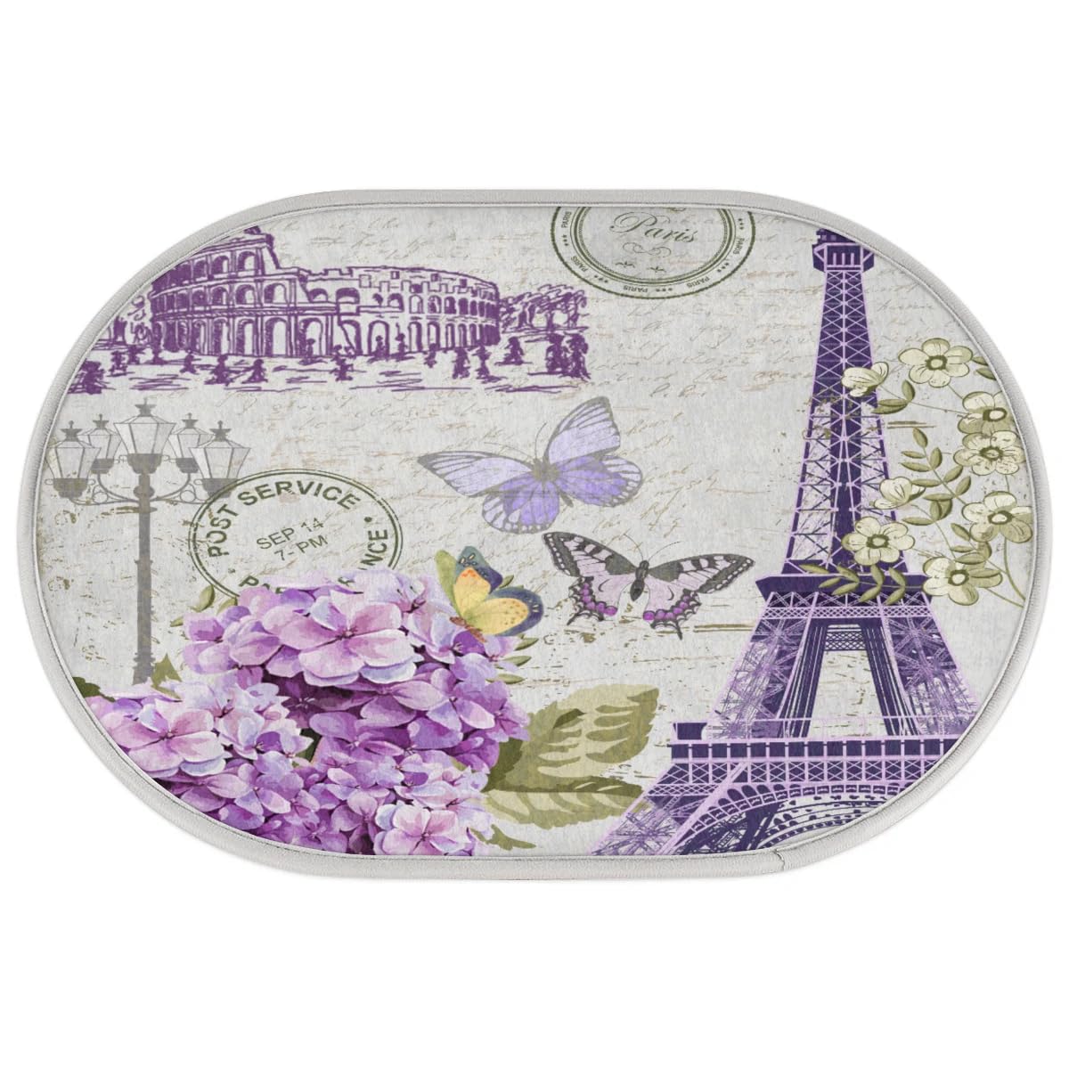 Kuquteed Purple Flowers Romantic Paris Oval Door Mat, Absorbent Floor Mats, Non-Slip Entryway Area Rugs, Soft Oval Floor Carpet for Bathroom Kitchen Bedroom Decor