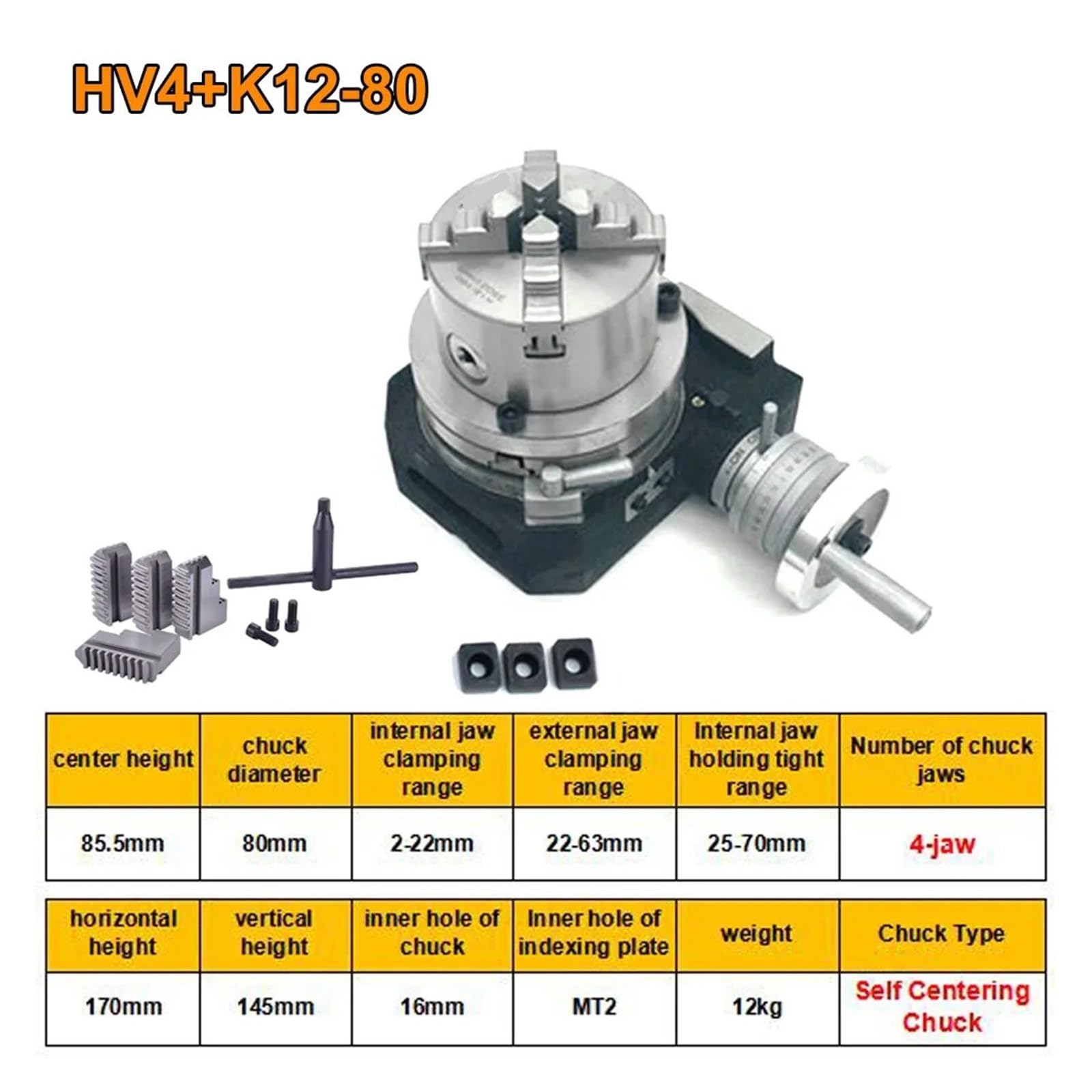 4'' HV4 110mm Indexing Heads, Vertical, Horizontal and 80mm Lathe Chucks for CNC Milling Machines(with K12-80 Chuck)