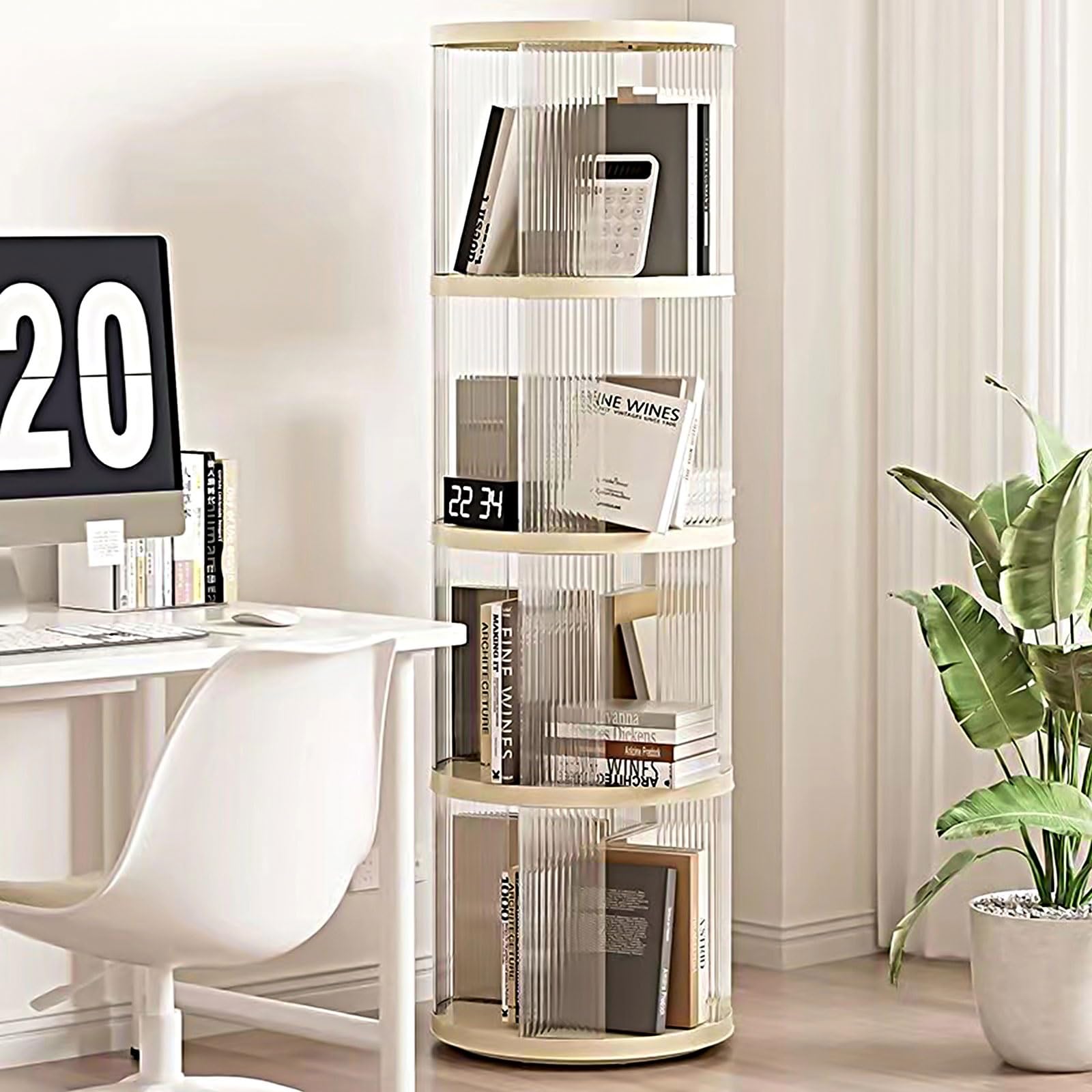 Aeovot Clear Round Rotating Bookshelf, 4 Tier Spinning Bookshelf Swivel Bookcase Tower for Kids Bedroom, Freestanding Modern White Corner Bookshelf Storage Display Rack