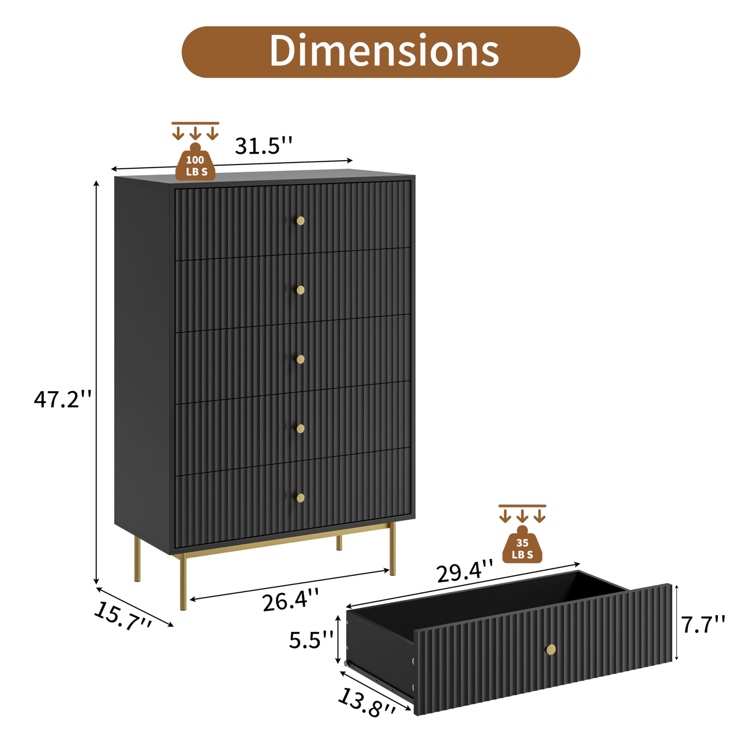 MAISONARIA 5 Drawer Dresser for Bedroom, Tall Dresser Chest of Drawers with Gold Handles, Wood Dresser Storage Cabinet for Bedroom, Black