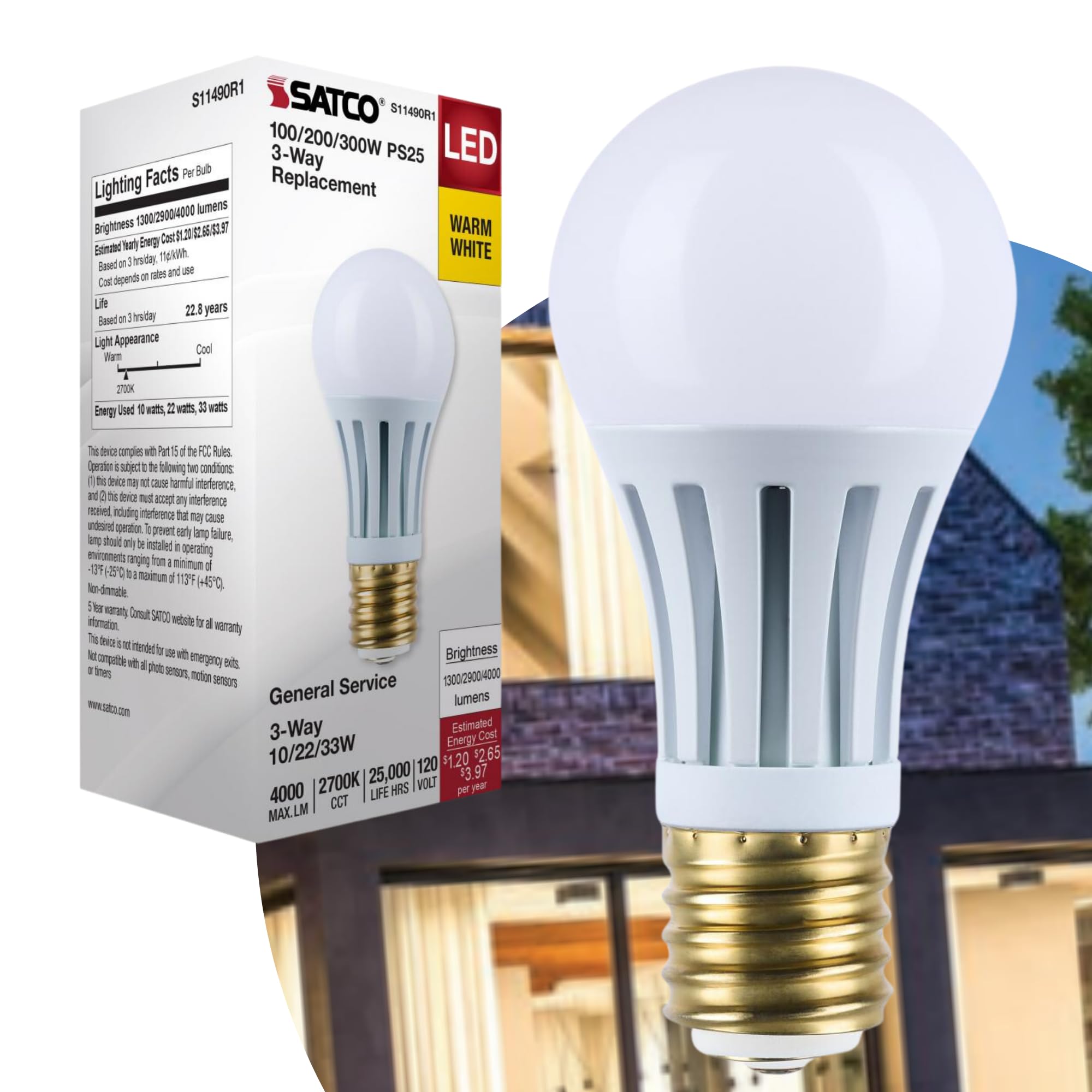 Satco LED Three-Way Lamp, 10/22/33W, Mogul Base, 2700K, White Finish (1)