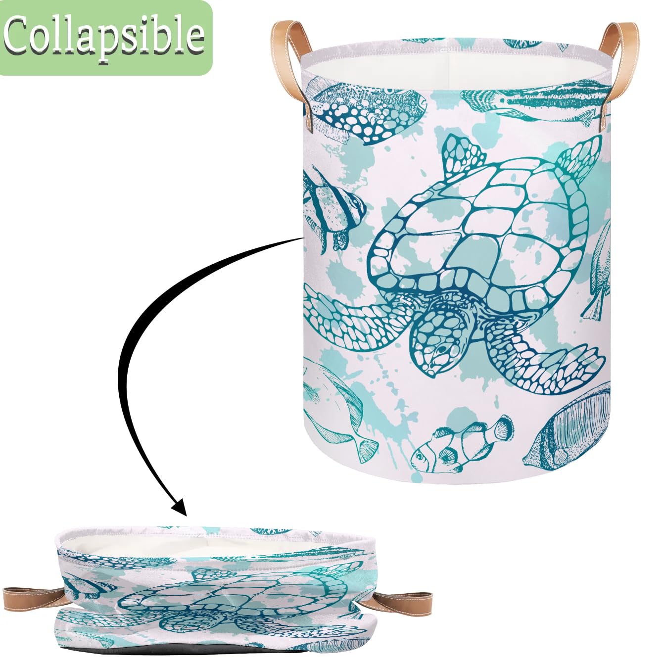 Large Laundry Hamper Basket Sea Turtle Ocean Theme Round Collapsible Storage Organizer Bin for Kids, Boys, Nursery, Closet, Bedroom, Playroom, Toys, Dirty Clothes, 16"W x 20"H