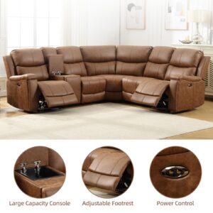 EBELLO Faux Leather Power Reclining Sectional Couches for Living Room, Recliner Sofa Set Corner Sectional Couch Home Furniture Set, with Storage Console and Hidden Cup Holders, USB Port, Brown