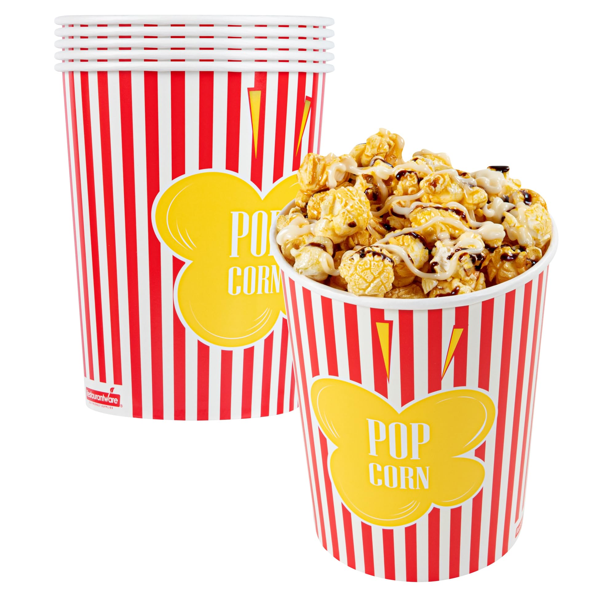 Restaurantware-Bio Tek 32 Ounce Popcorn Cups, 100 Striped Popcorn Tubs - Greaseproof, Disposable, Red Paper Party Popcorn Containers, For Movie Nights