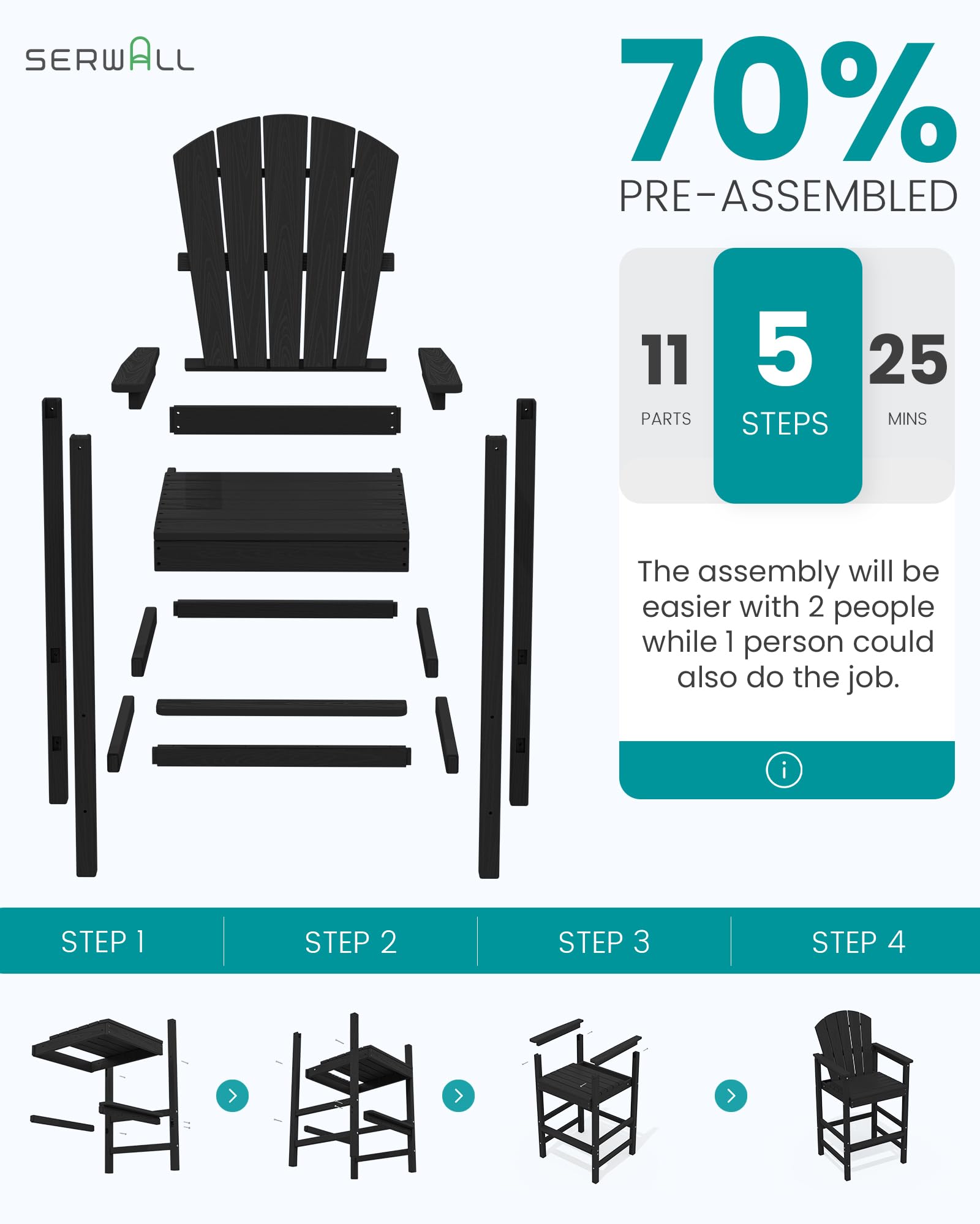 SERWALL Tall Adirondack Chairs Set of 2, HDPE Bar Height Outdoor Chairs, Wood-Like Adirondack Bar Stools for Patio, Balcony, Porch, Black