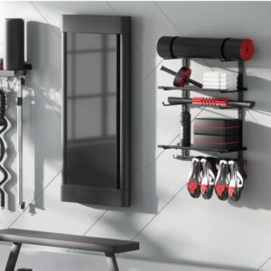 Crostice Home Gym Storage Shelf Only, Adjustable Gym Equipment Organizer Wall Mounted with 2 Boards, Yoga Mat Holder, Storage Rack Compatible with Peloton Shoes & Mat, Shelf for Home Gym Accessories