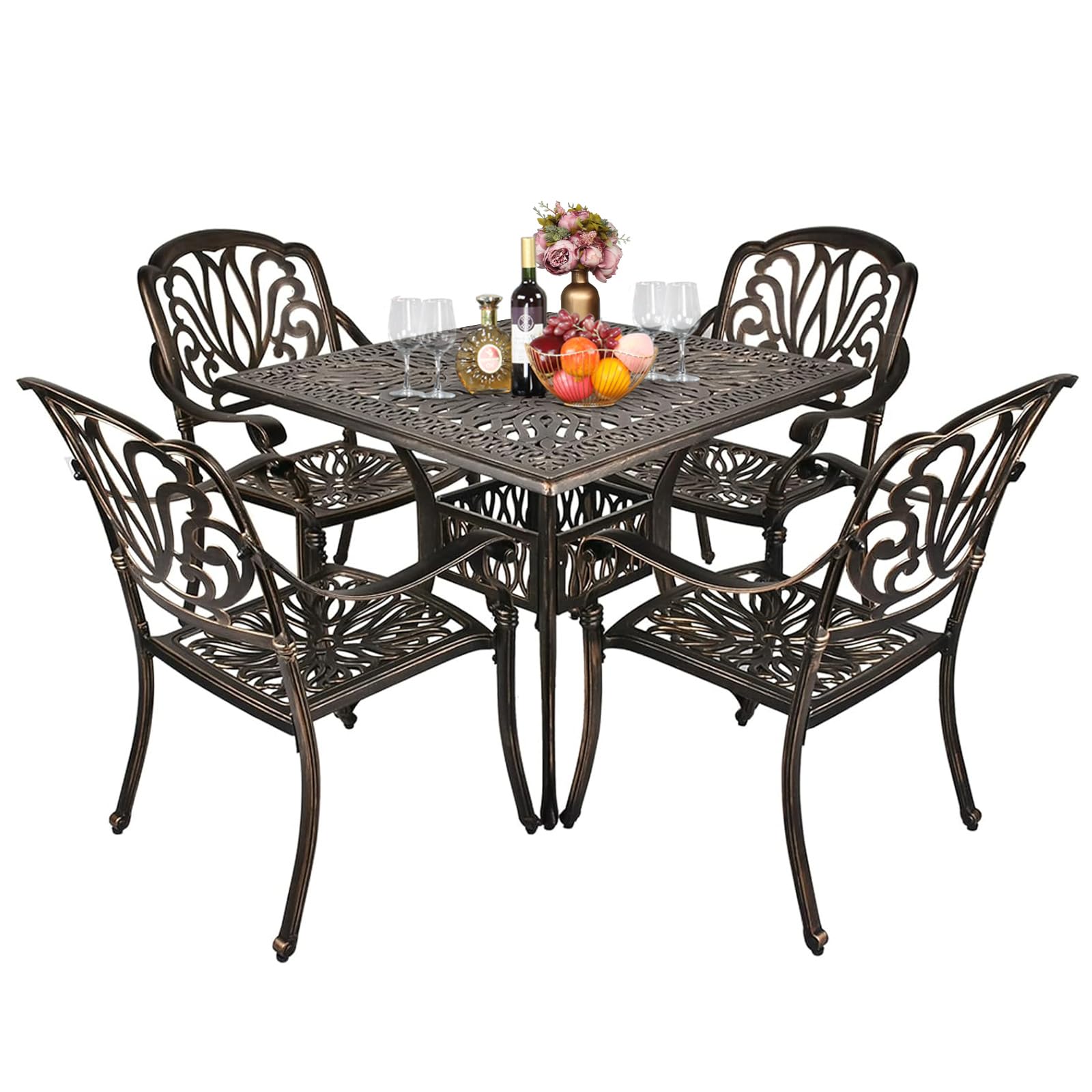 VINGLI 5 Pieces Outdoor Patio Dining Set, Cast Aluminium Patio Furniture Set with 4 Chairs and 1 Umbrella Table for Yard, Garden, Porch and Poolside, Bronze (Square Table and Chairs)