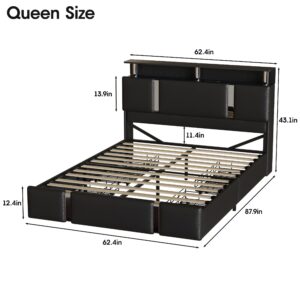 Fameill Queen Bed Frame with 4 Drawers & Storage Headboard, Modern Upholstered Faux Leather Platform Bed with LED Lights, Charging Station, No Box Spring Needed, Black