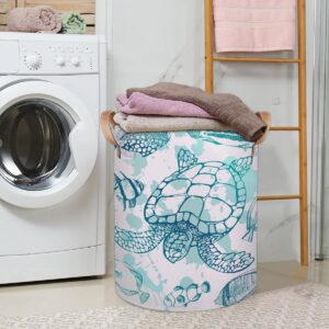 Large Laundry Hamper Basket Sea Turtle Ocean Theme Round Collapsible Storage Organizer Bin for Kids, Boys, Nursery, Closet, Bedroom, Playroom, Toys, Dirty Clothes, 16"W x 20"H