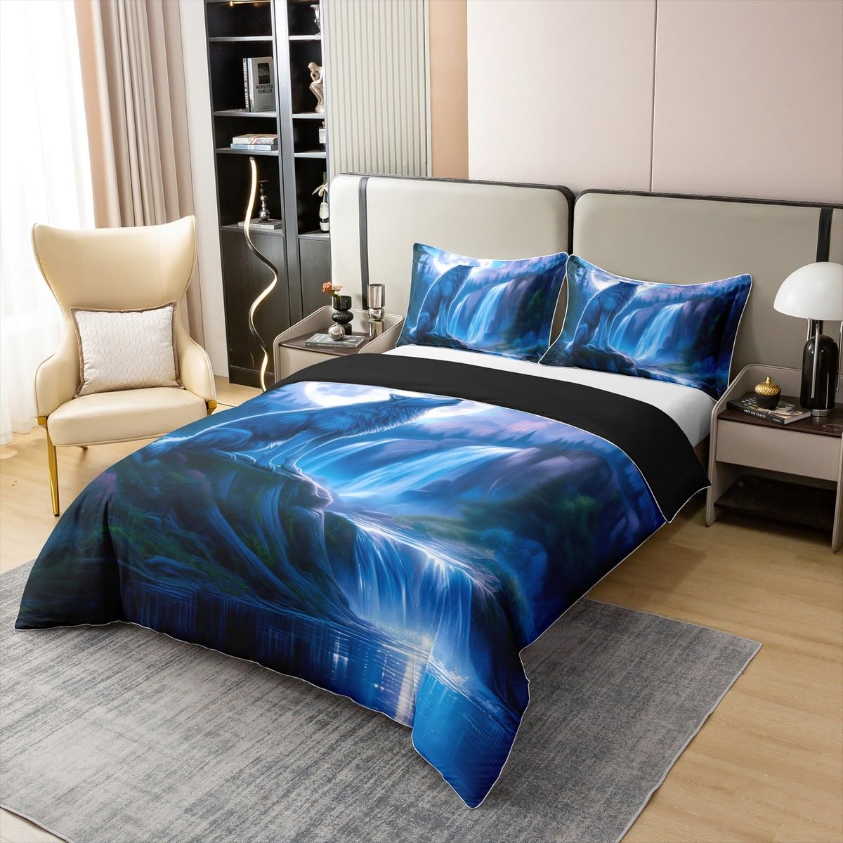 Feelyou Wolf Bedding Set King Size Wolves Howling Comforter Cover Set Animal Wolves 100% Cotton Duvet Cover Mountain Moon Wolf Bedspread Cover Room Black Blue Decor Quilt Cover，No Comforter