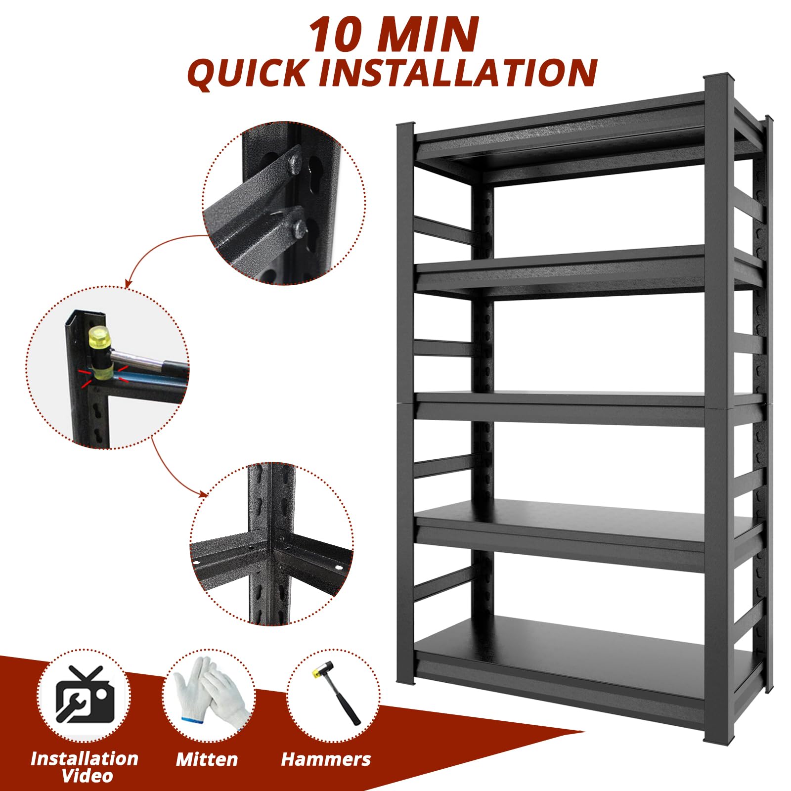 Hymnxemo 78" H Metal Garage Storage Shelves 2500lbs Heavy Duty Garage Shelving Unit Adjustable Industrial Utility Rack Organizer for Garage Basement Warehouse, 78" H x 47.3" W x 18" D，Black