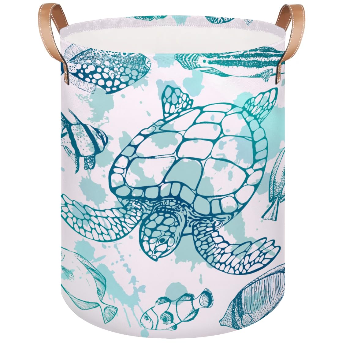 Large Laundry Hamper Basket Sea Turtle Ocean Theme Round Collapsible Storage Organizer Bin for Kids, Boys, Nursery, Closet, Bedroom, Playroom, Toys, Dirty Clothes, 16"W x 20"H